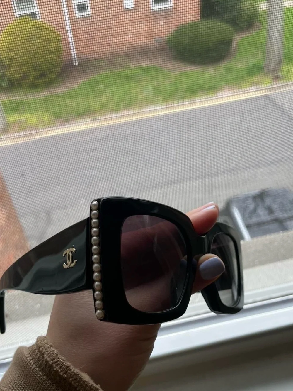 CHANEL Black Square Sunglasses with Pearl Trim and Gold CC Logo