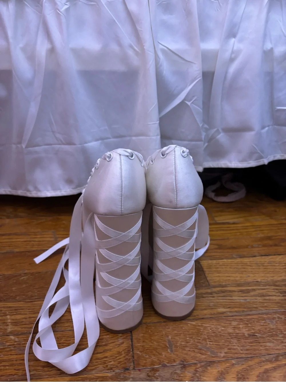 Sugar Thrillz White Satin Ribbon Lace-Up Platform Heels