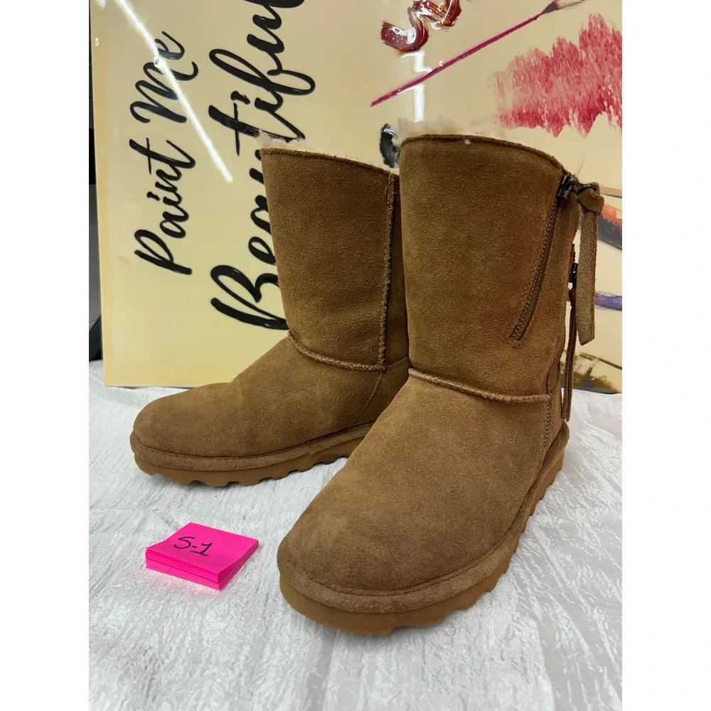 Bearpaw Kids Hickory Suede Dual Zip Winter Boots Sheepskin Lining Size 6 Youth