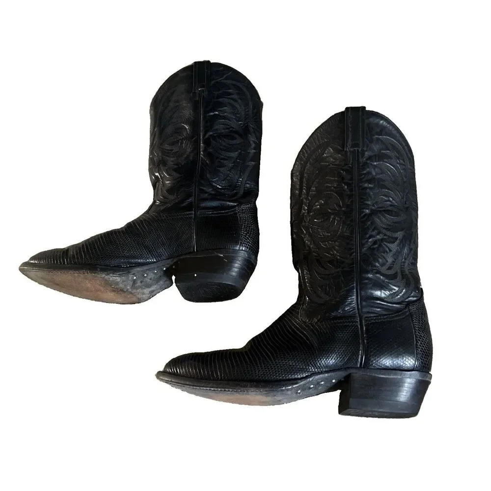Vintage Tony Lama Size 10D Black Teju Lizard wingtips western cowboy boots