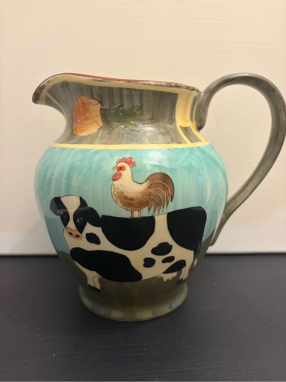 Eddie Bauer Farmyard Ceramic Pitcher Cow Rooster in Aqua