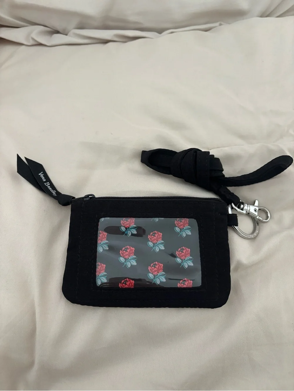 Brand New Vera Bradley Black Cardholder ID Wallet with Rose Print