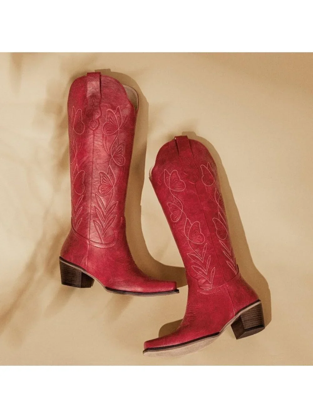Women's Red Butterfly Knee High Cowgirl Boots Embroidered Pointed Chunky Heel