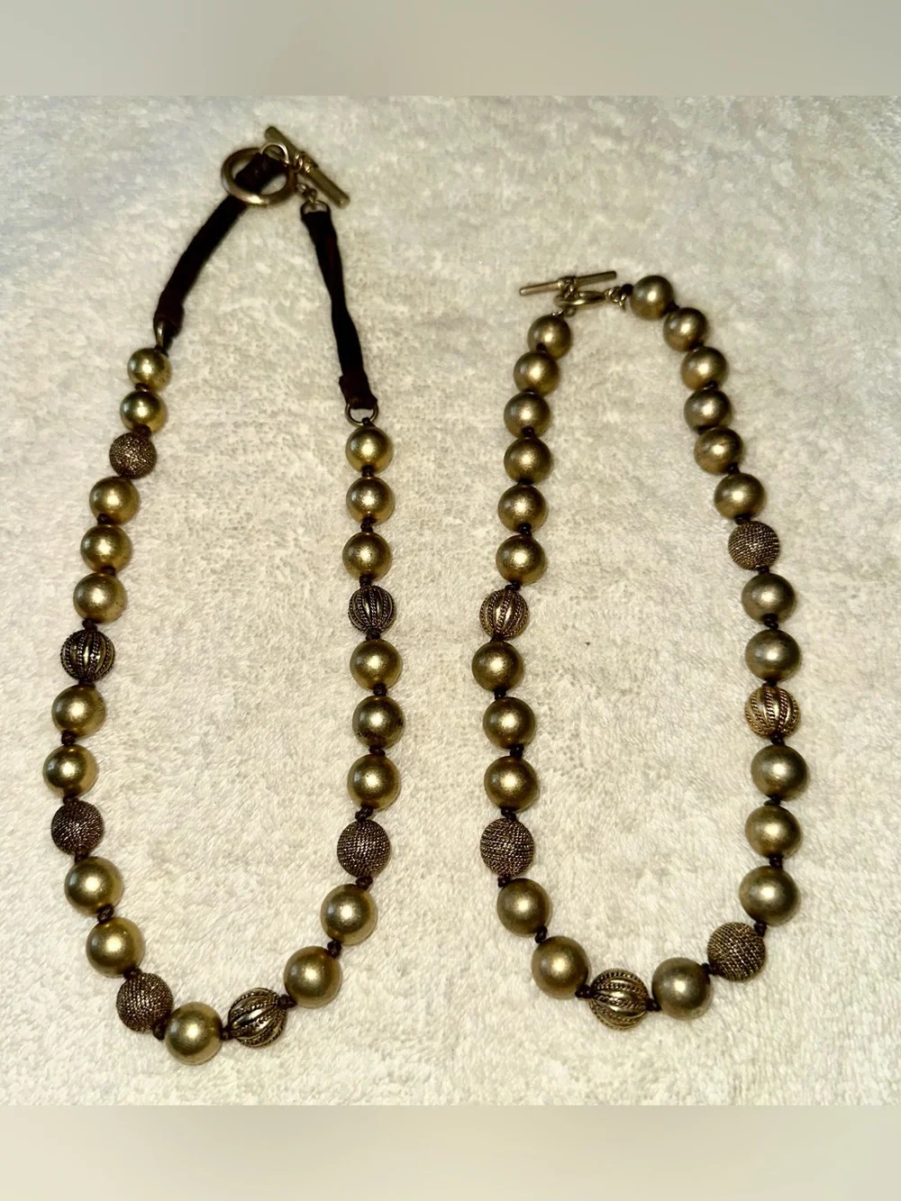Set of 2 Vintage Ellen Tracy Gold Beaded Toggle Necklaces Layered Suede Y2K