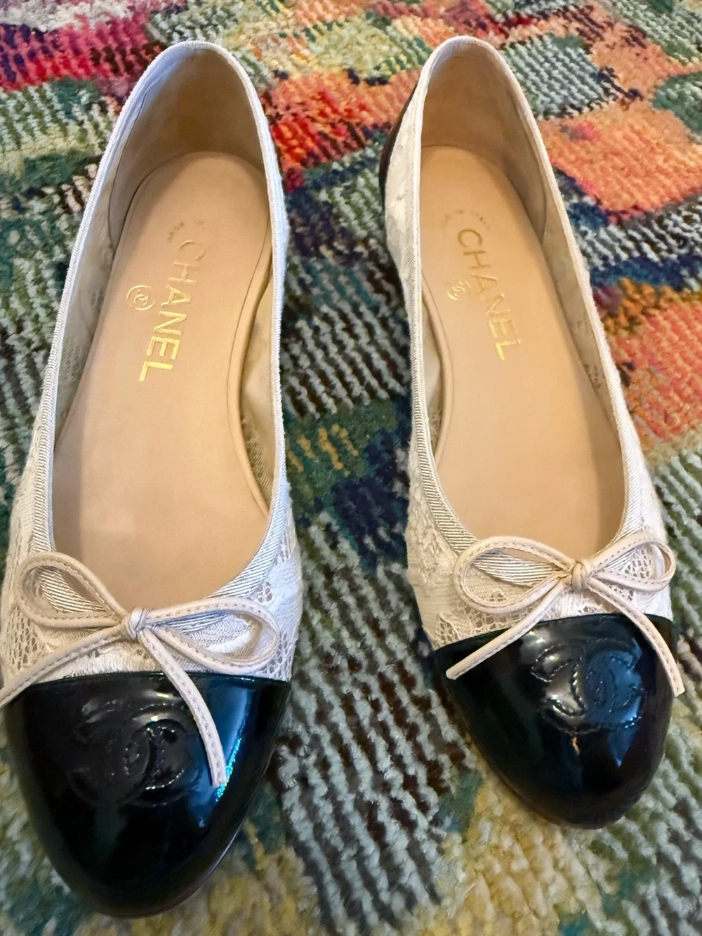 Like NEW Vintage Chanel Lace & Patent Leather Cap Toe Ballet Flats worn 2x/ 36.5