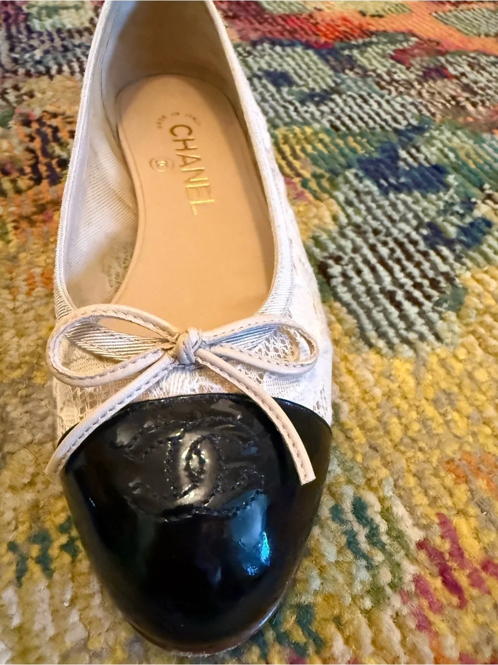 Like NEW Vintage Chanel Lace & Patent Leather Cap Toe Ballet Flats worn 2x/ 36.5