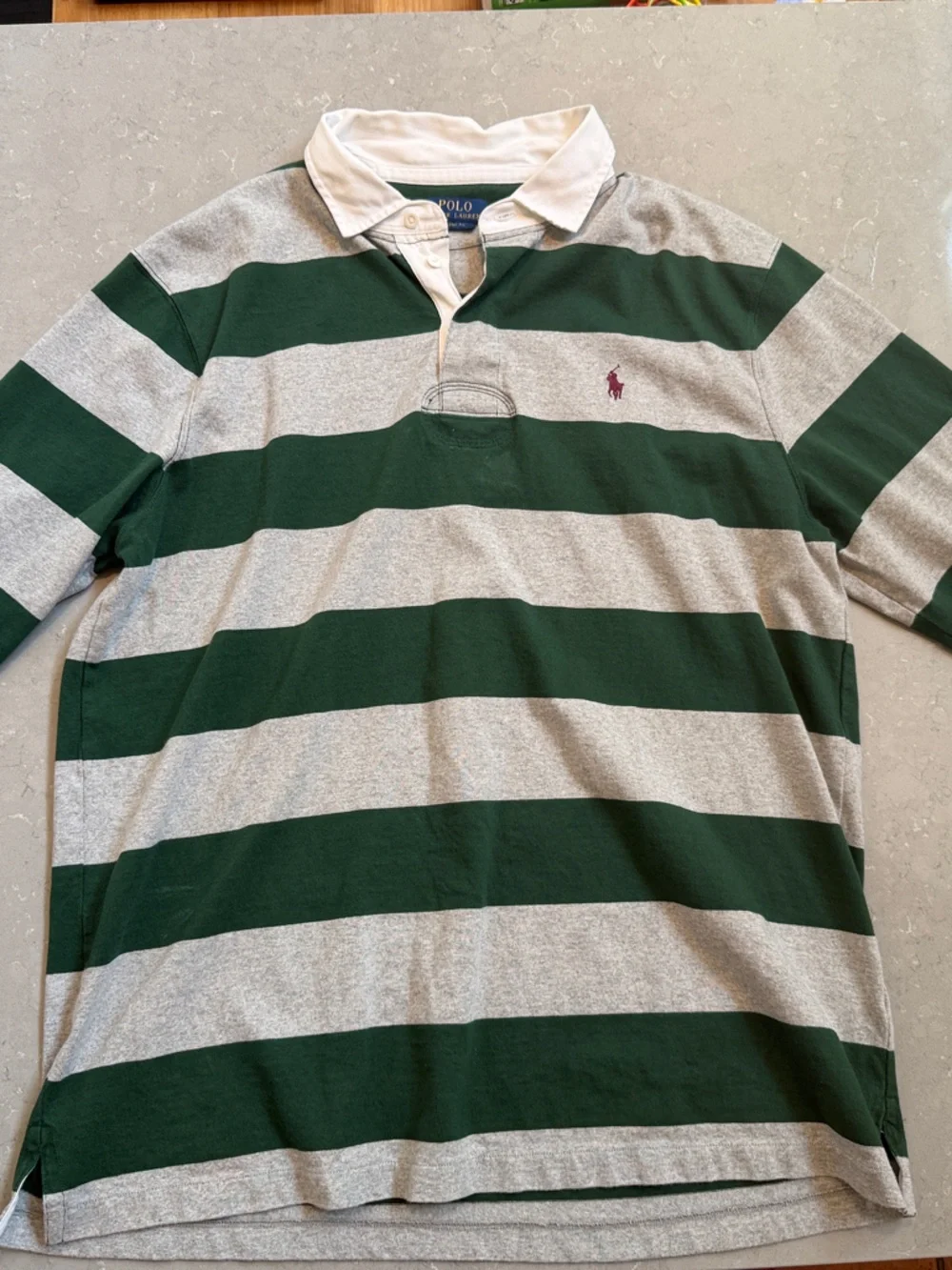 Ralph Lauren Green and Light Gray Striped Long-Sleeve Rugby Polo