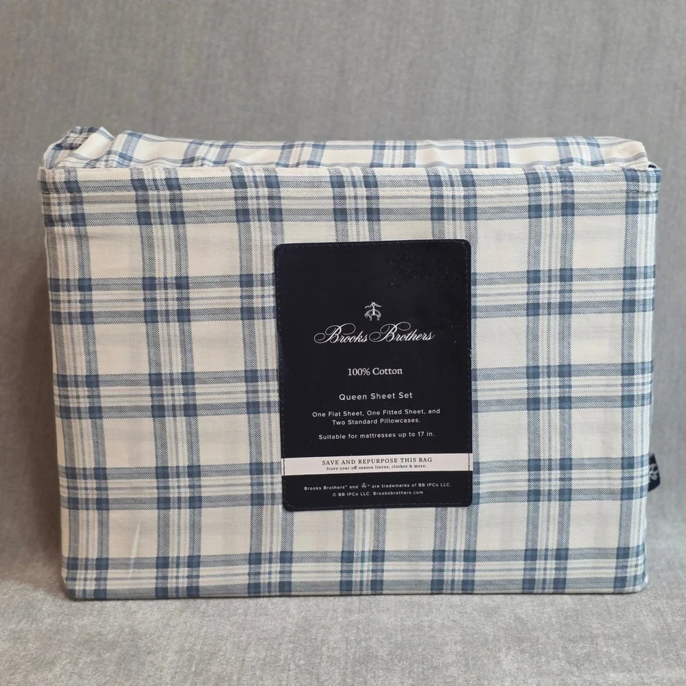 Brooks Brothers Queen Sheet Set 4pc Blue White Plaid 100% Cotton Heritage Preppy