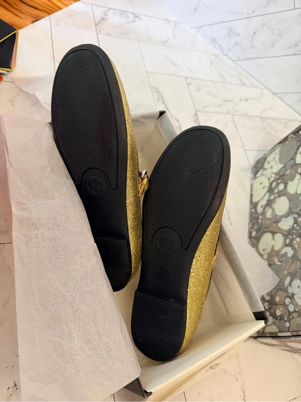 GUCCI Girls' Gold Glitter Heart Mary Jane Flats