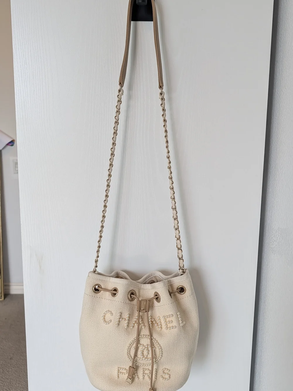 Chanel Beige Pearl Deauville Drawstring Bucket Bag
