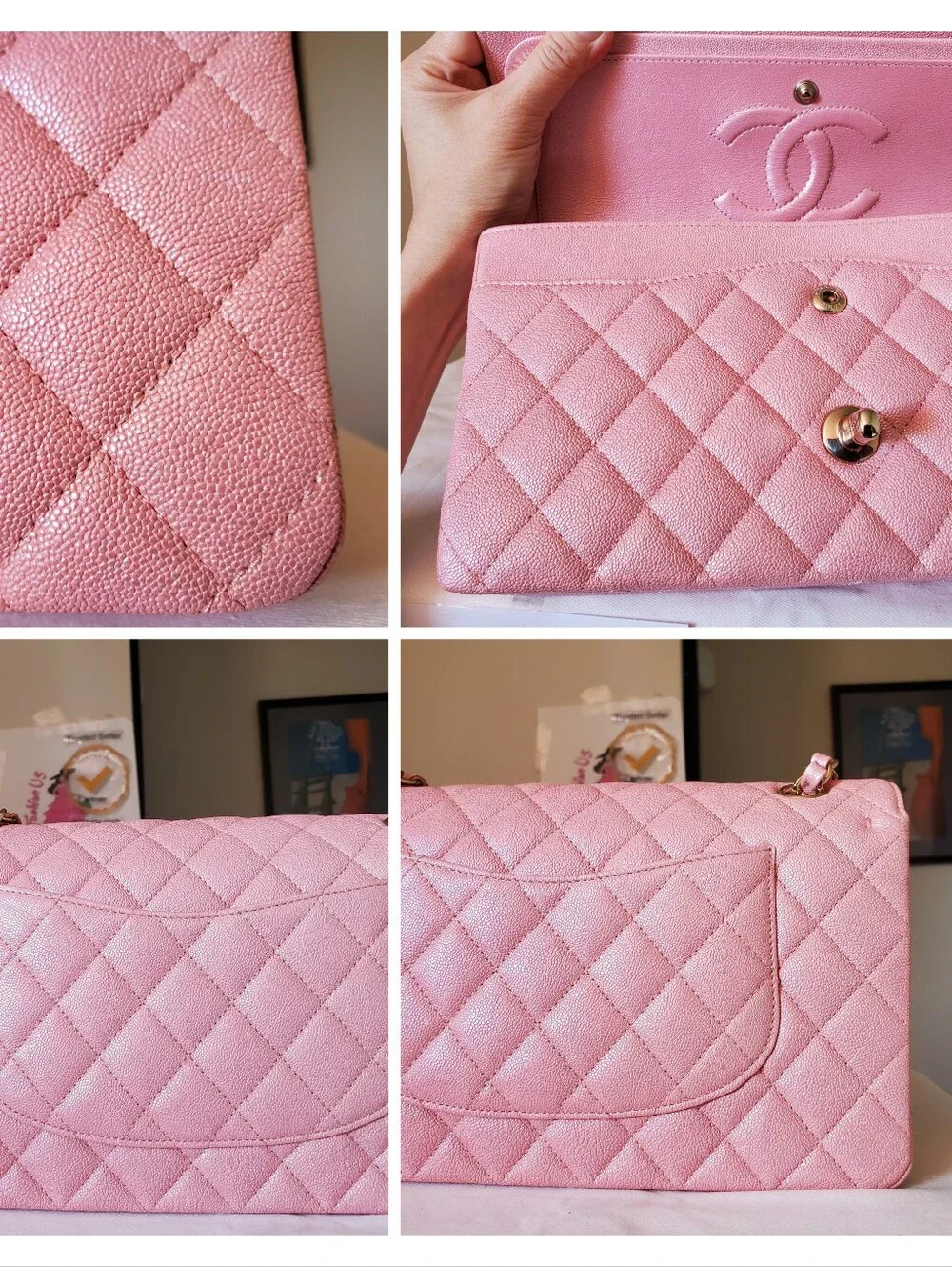 Chanel Classic Iridescent Pink Caviar Medium Gold Hw Bag