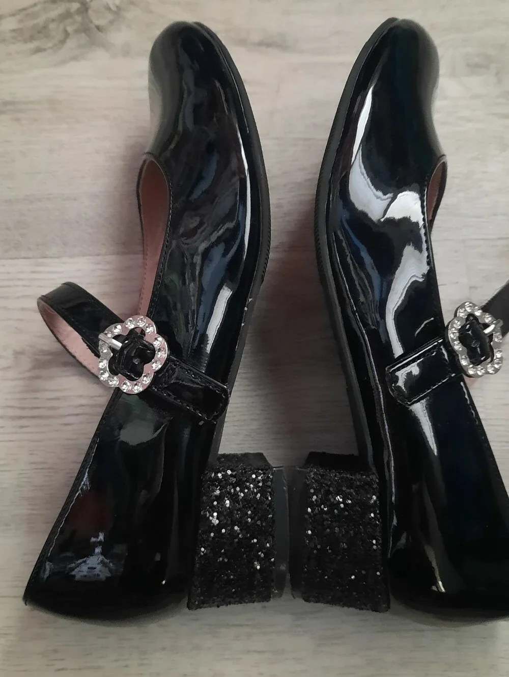 Black Patent Mary Jane Girls Heels with Gem Buckle