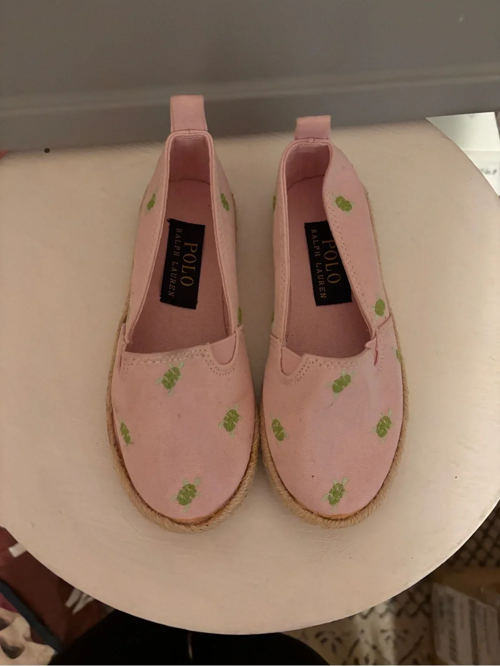 Polo by Ralph Lauren Pink Canvas Kids Slip-On Moccasins with Green Embroidery