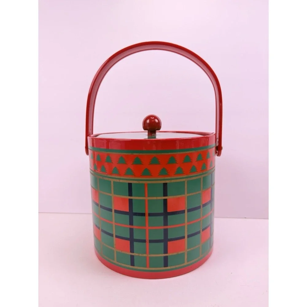 Vintage George Briard MCM Tartan  Christmas Plaid Cocktail Cart Ice Bucket