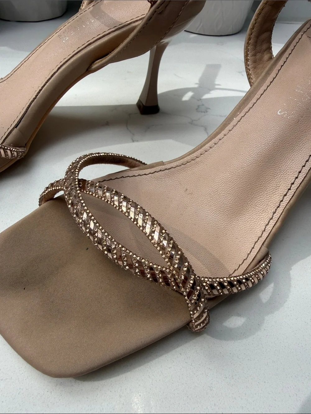Kids Sparkling Rose Gold Braided-crystal Strap Dress Heels. Girls size 5.5