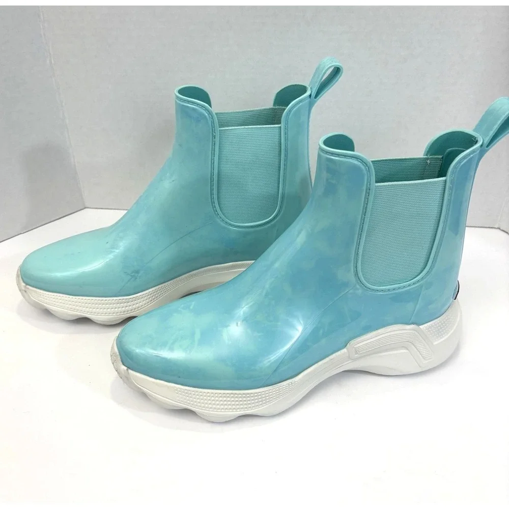 Kenneth Cole Evanna Rain Boots Womens 10 Blue Rubber Waterproof Ankle Chelsea