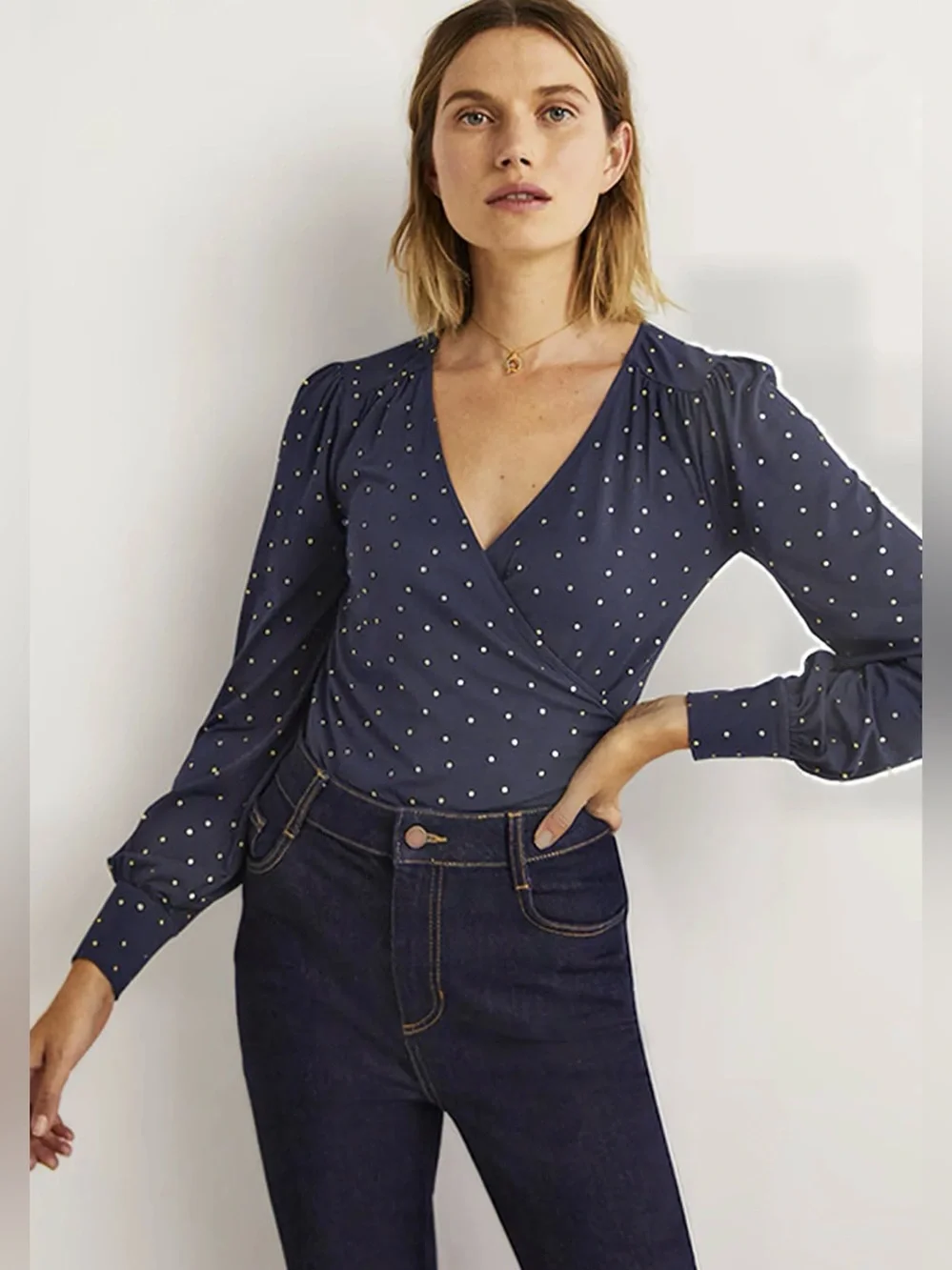 NWT BODEN Blouson Wrap Top Navy blue Gold Polka Dot Size 16/18