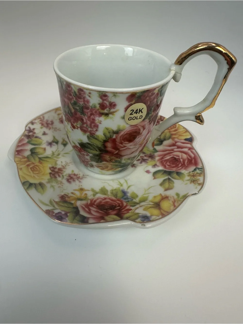 Vintage Lily Creek Demitasse Cup Saucer Floral Roses 24K Gold