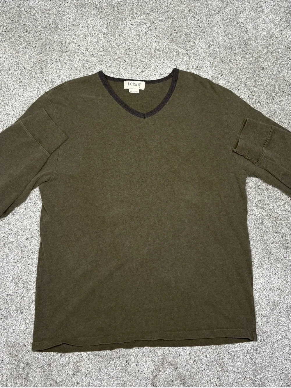 Vintage J. Crew Olive V-Neck Sweater with Navy trim Large