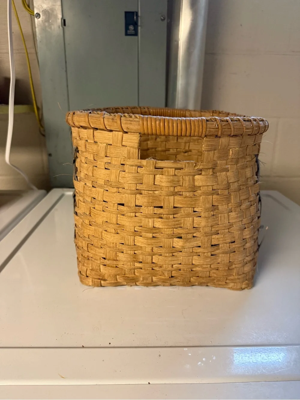 Hand Crafted Natural Woven Basket with Blue Weave Accent Country Rustic