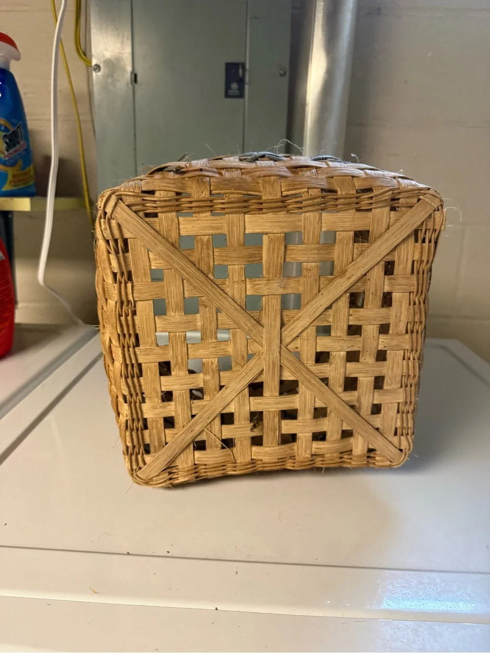 Hand Crafted Natural Woven Basket with Blue Weave Accent Country Rustic