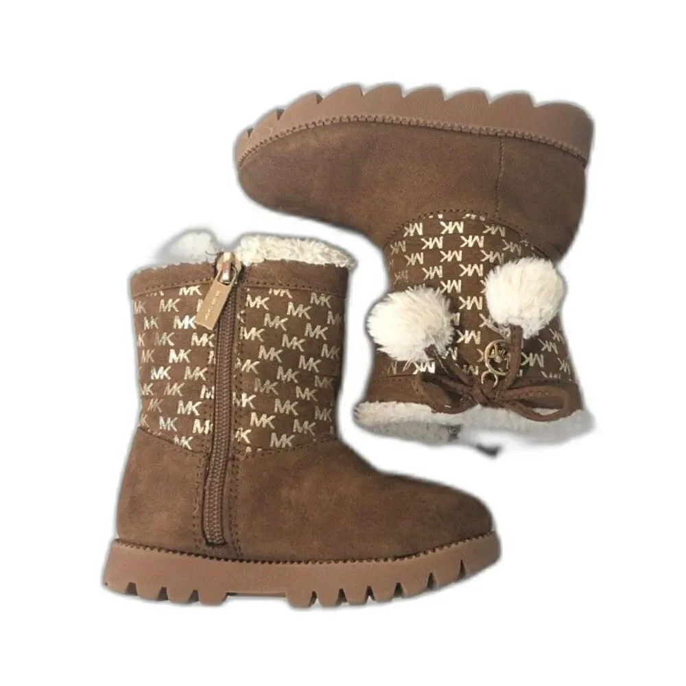 MICHAEL KORS Boots Toddler Size 7 Brown Gold MK Logo Pom Poms Payson