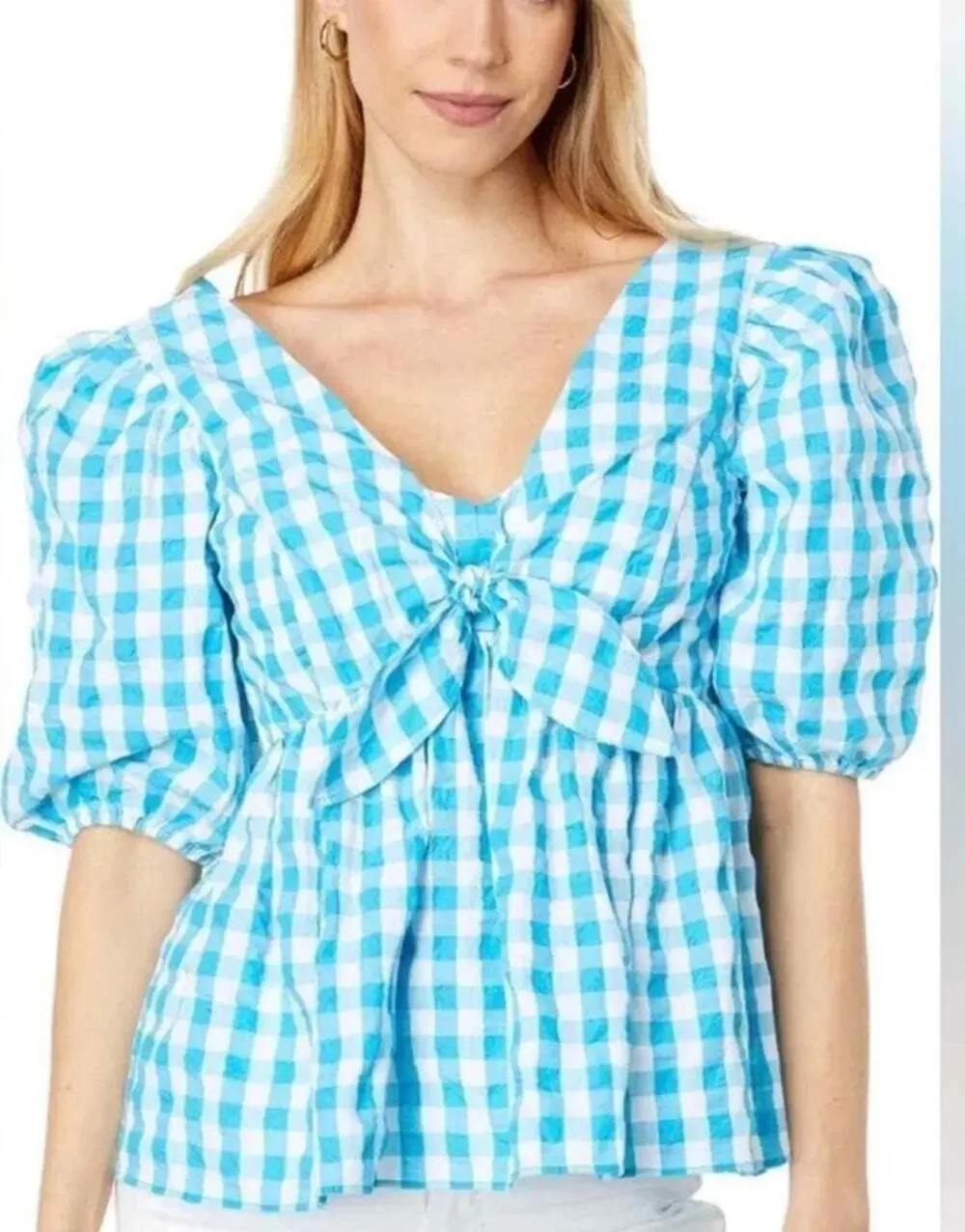 Lilly Pulitzer Sarafina Gingham Tie Front Puff Sleeve Peplum Blouse  00 peasant