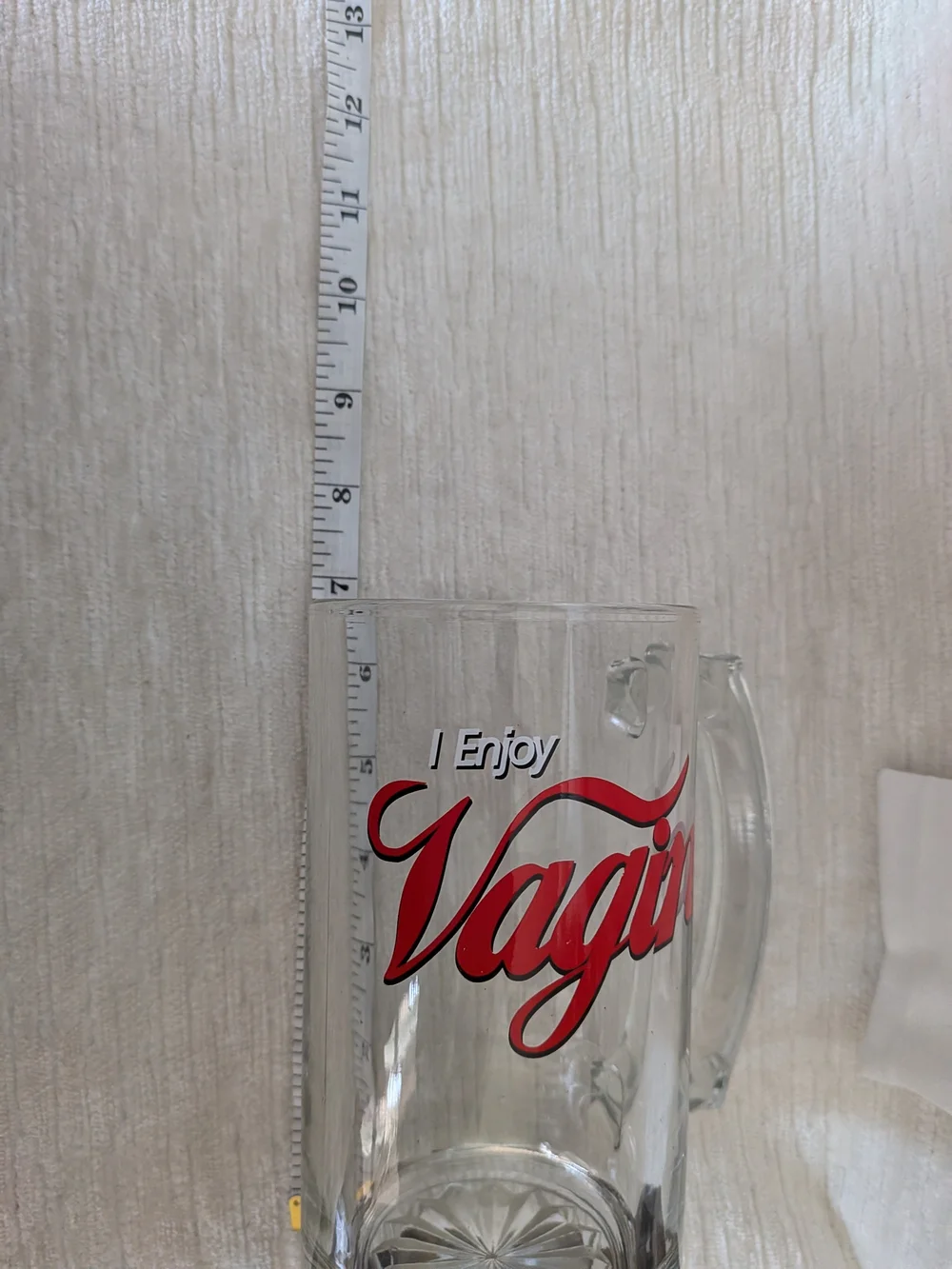 Clear Glass Beer Mug with Red Script Writing Gag Gift Theme Heavy Item 28 Oz