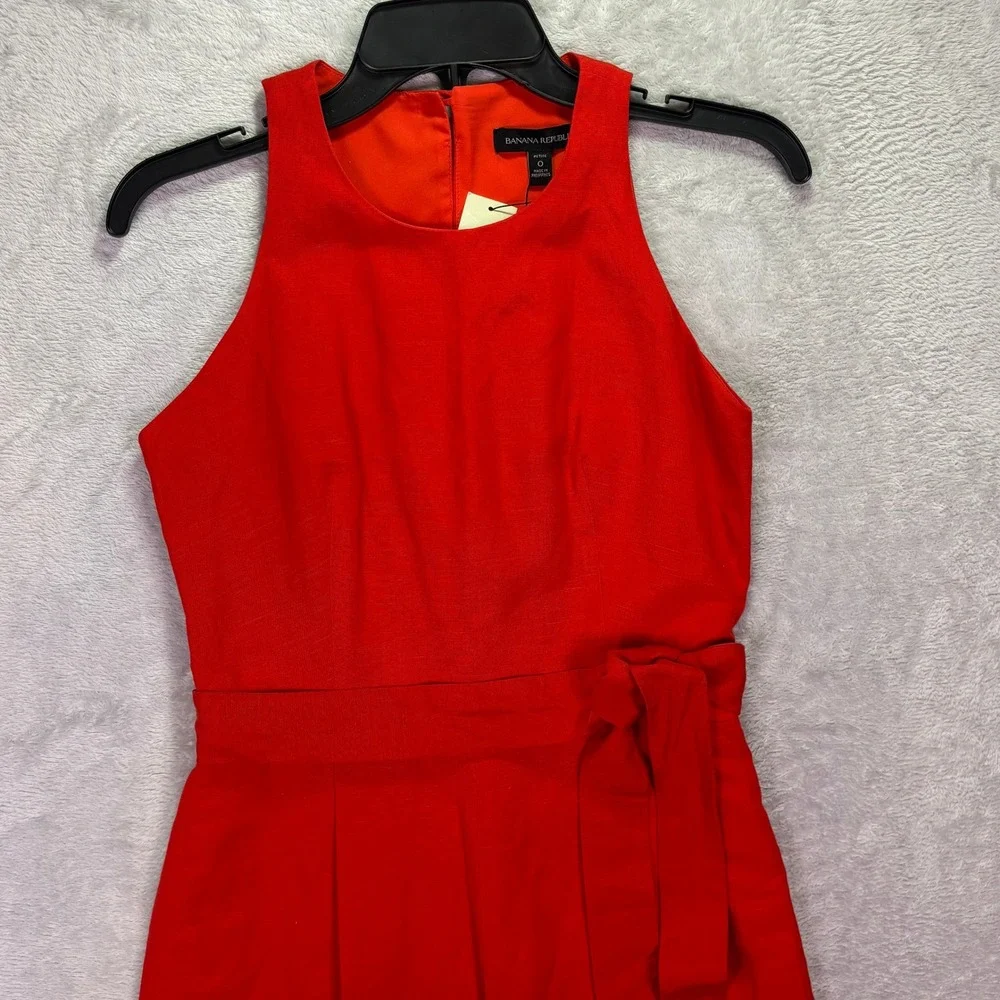 NWT Banana Republic Women Jumpsuit 0P Red Linen Blend Belted Wide Leg Sleeveless