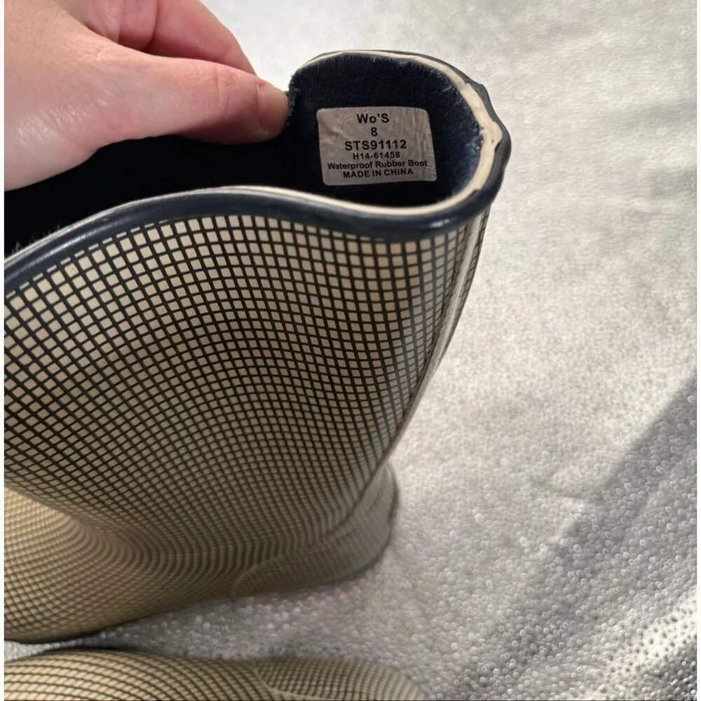 Sperry Women’s Rain Boots Tiny Tweed Pattern Tan Navy size 8