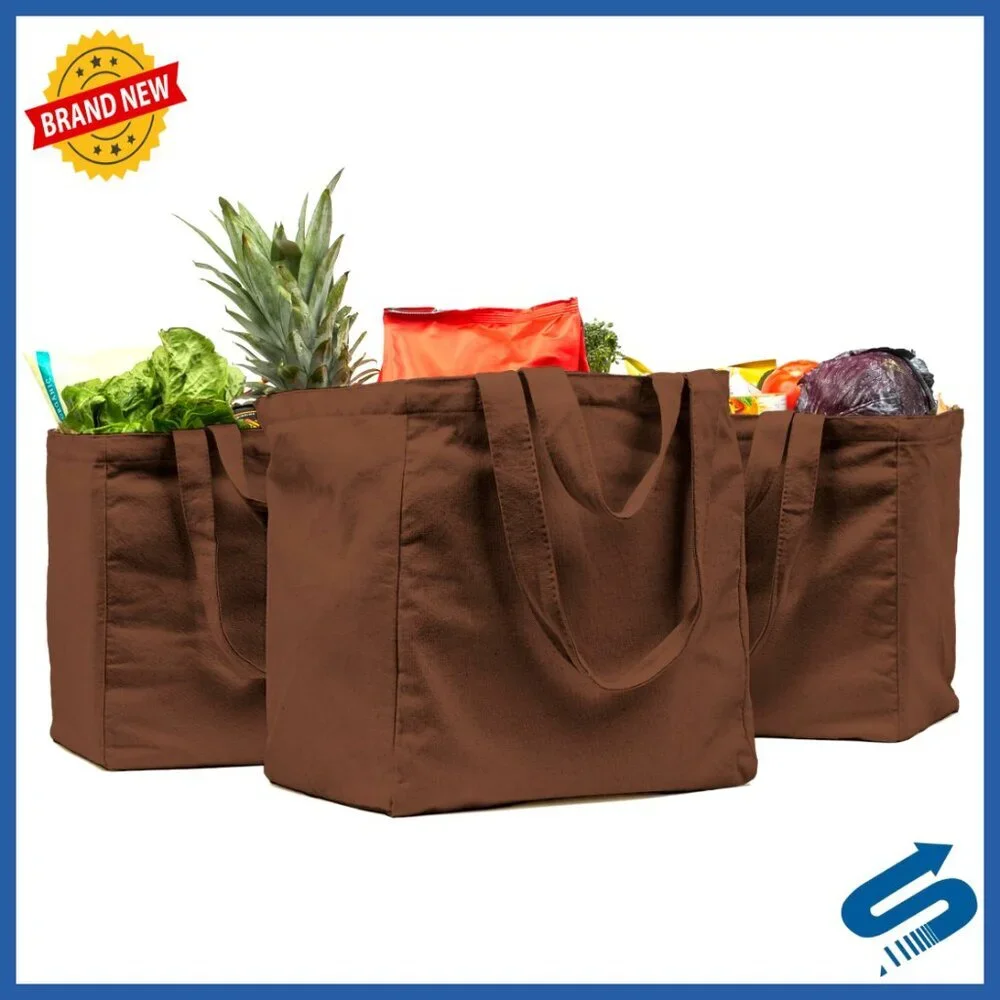 Heavy Duty Canvas Grocery Tote Set Foldable Washable with Pockets