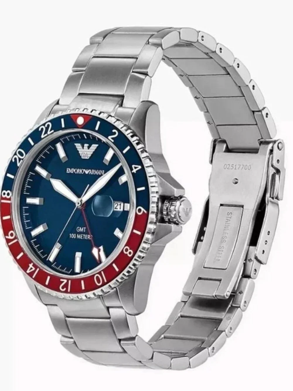 Emporio Armani AR11590 Mens GMT Watch Blue Red Bezel Stainless Steel Bracelet