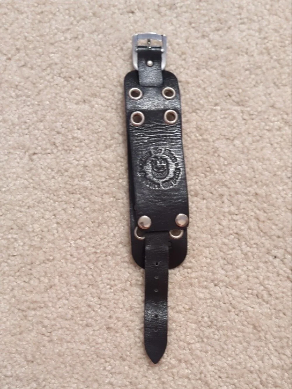 Vintage Black Leather Strap Watch with Red Spitfire Flame Logo