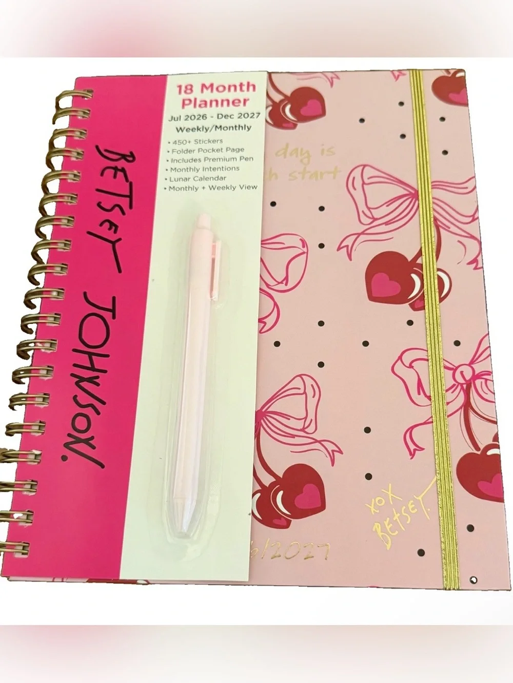 Betsey Johnson Pink Bow & Heart 18-Month Planner with Pen + 450 Stickers NWT