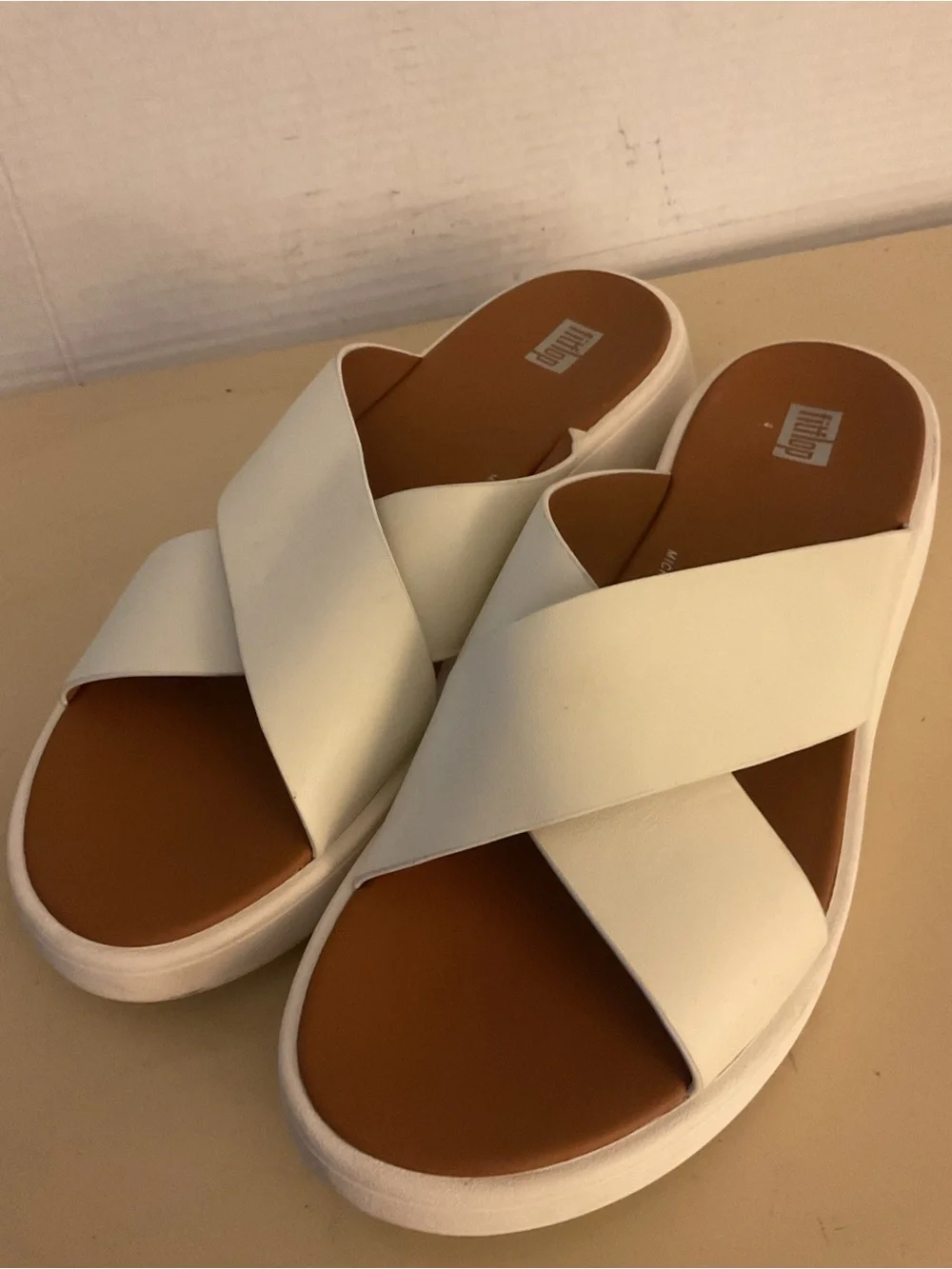 Fitflop women white leather platform wedge slide sandals US 10