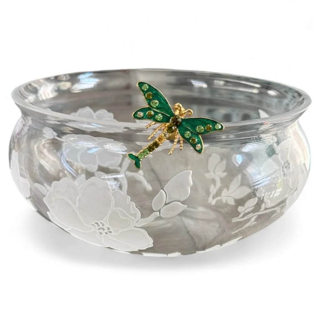 Lenox Garden Jewels Dragonfly 8” Round Crystal Bowl – Etched Floral Design