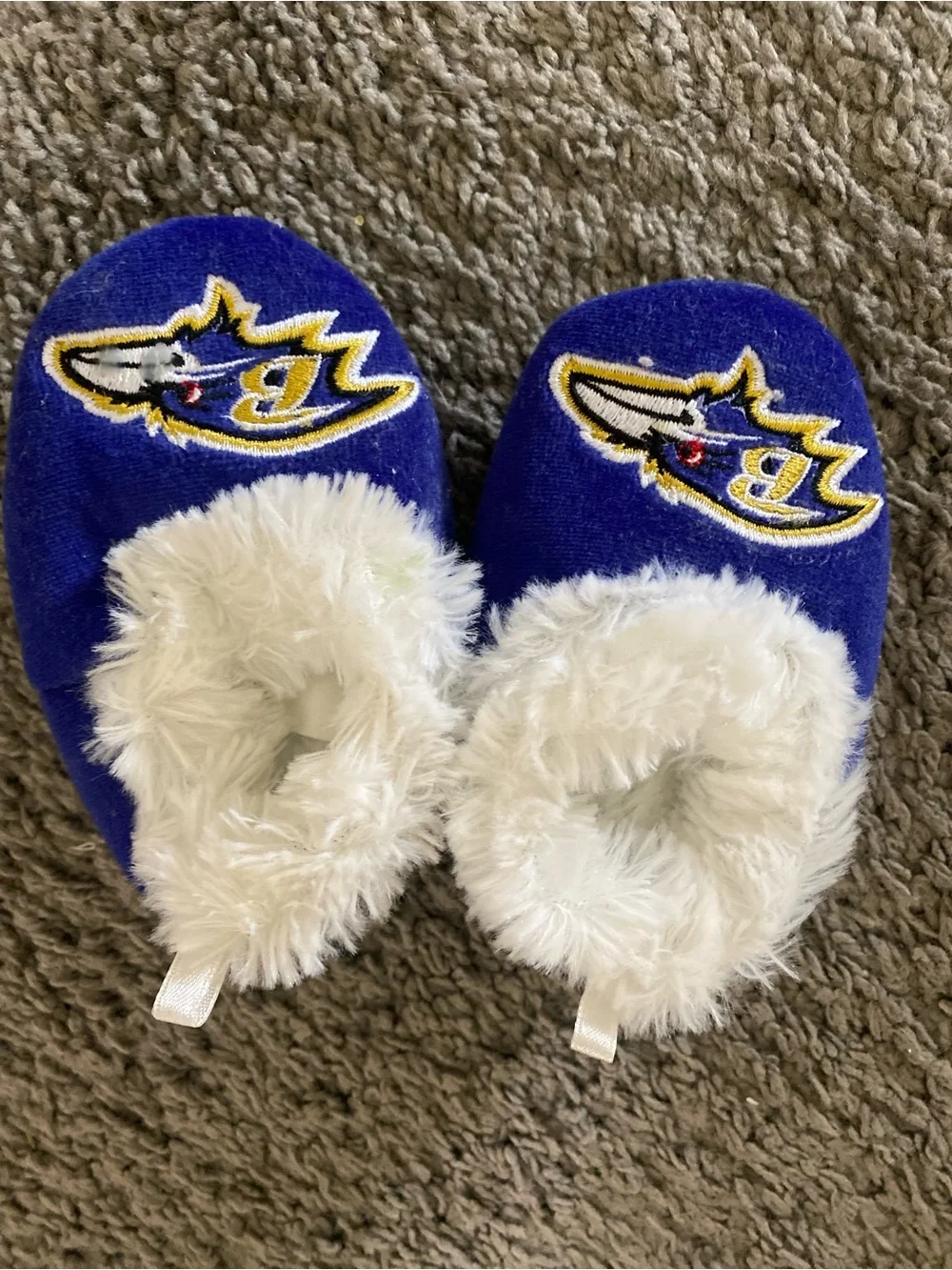 Blue Fuzzy Kids Slippers with White Faux Fur Trim