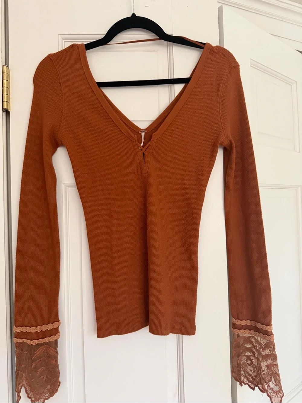 Free People Burnt Orange V-Neck Long Sleeve Top with Lace Cuffs