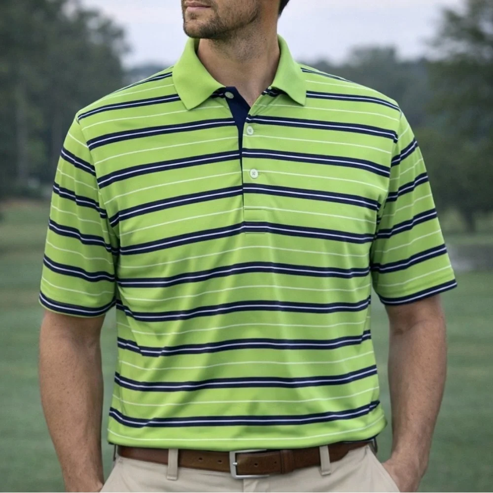 RLX Ralph Lauren Golf Polo Blue & Lime Green Stripes S/S Logo on Sleeve Men XL