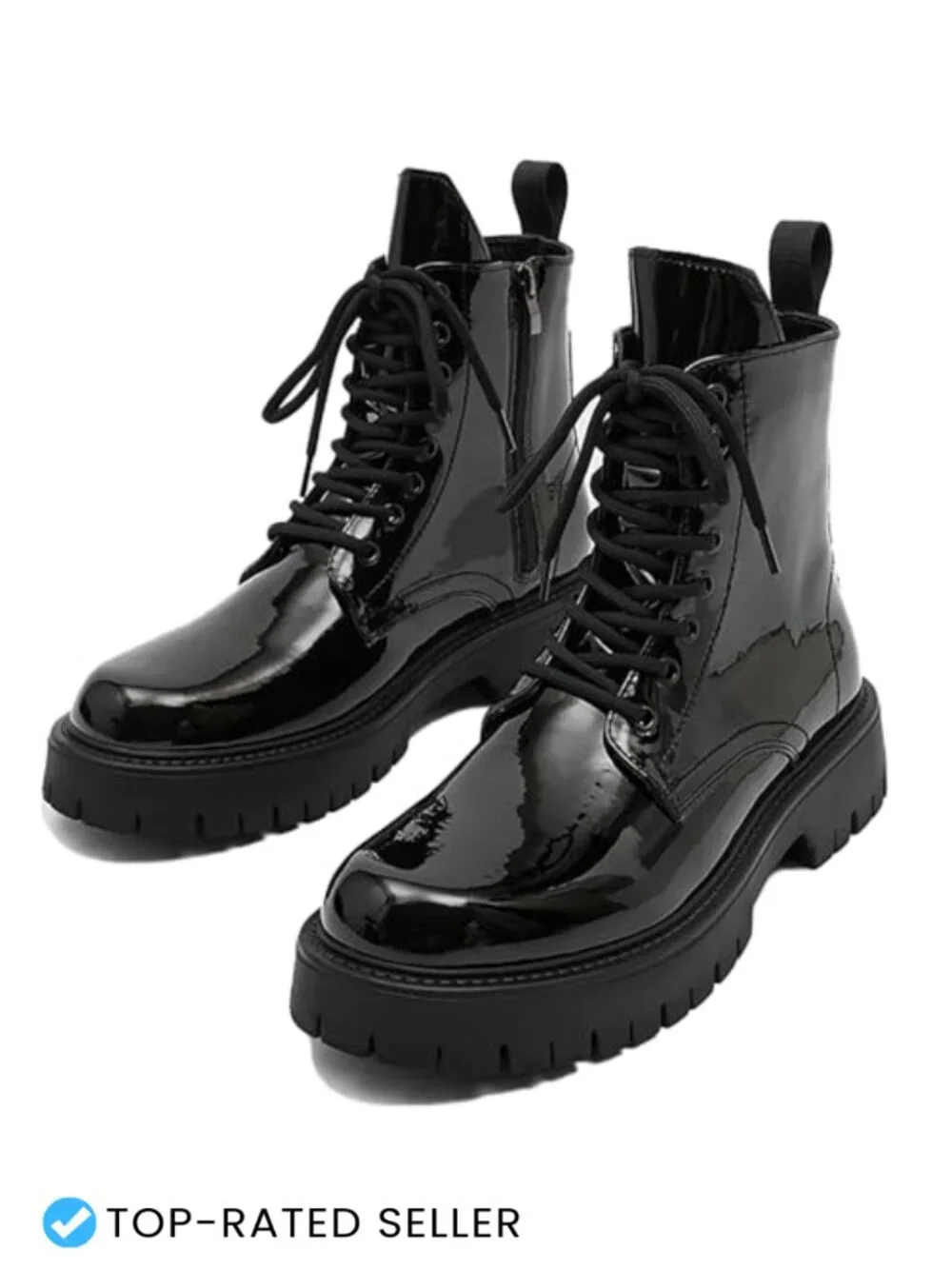 Men's Patent Leather Platform Combat Boots Wide Toe Lace Up Side Zipper
