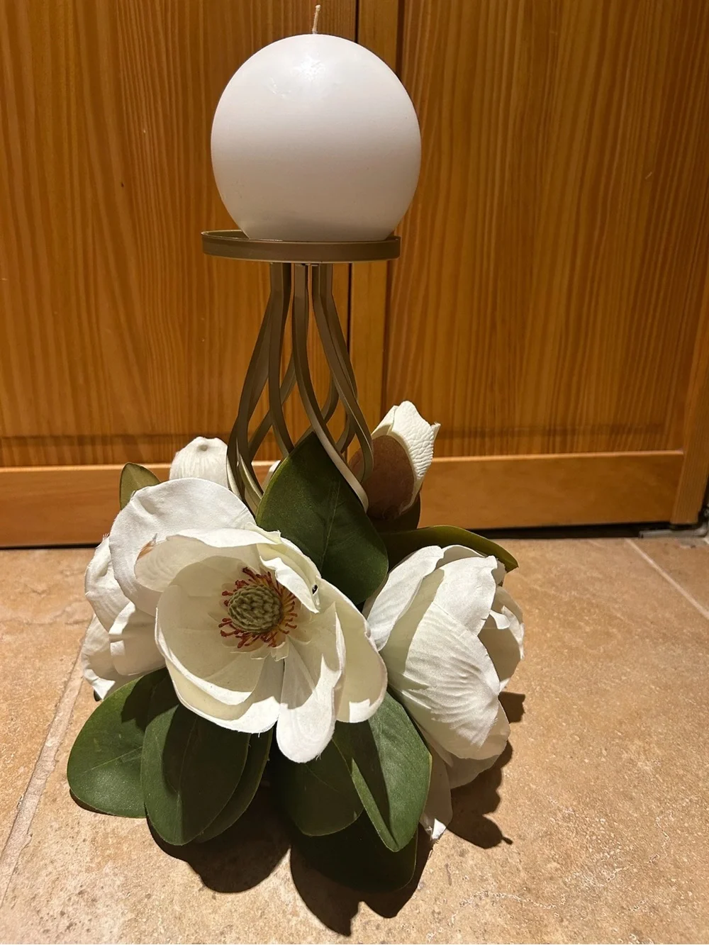White Floral Magnolia Candle Holder with Green Leaves & White Candle- Home Decor