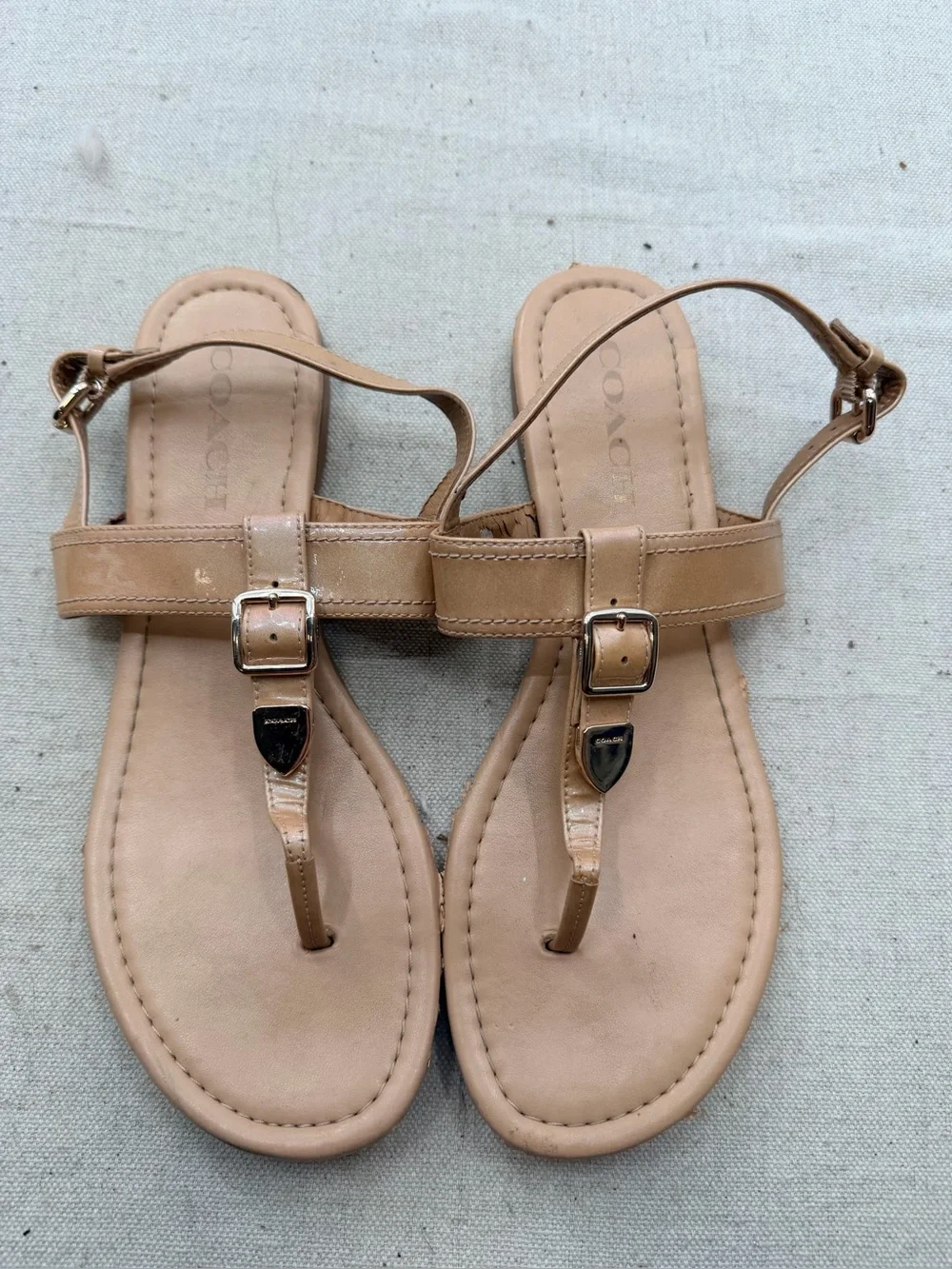 Coach Cassidy Nude/Tan Leather T-Strap Sandals with Buckle