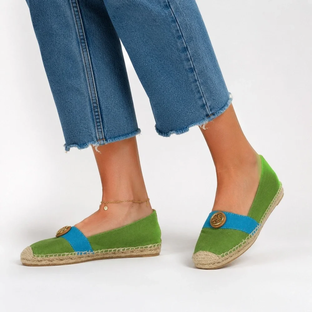 Tory Burch Beacher Espadrille Canvas Flats Womens Size 6 Green/Blue Slip On Shoe