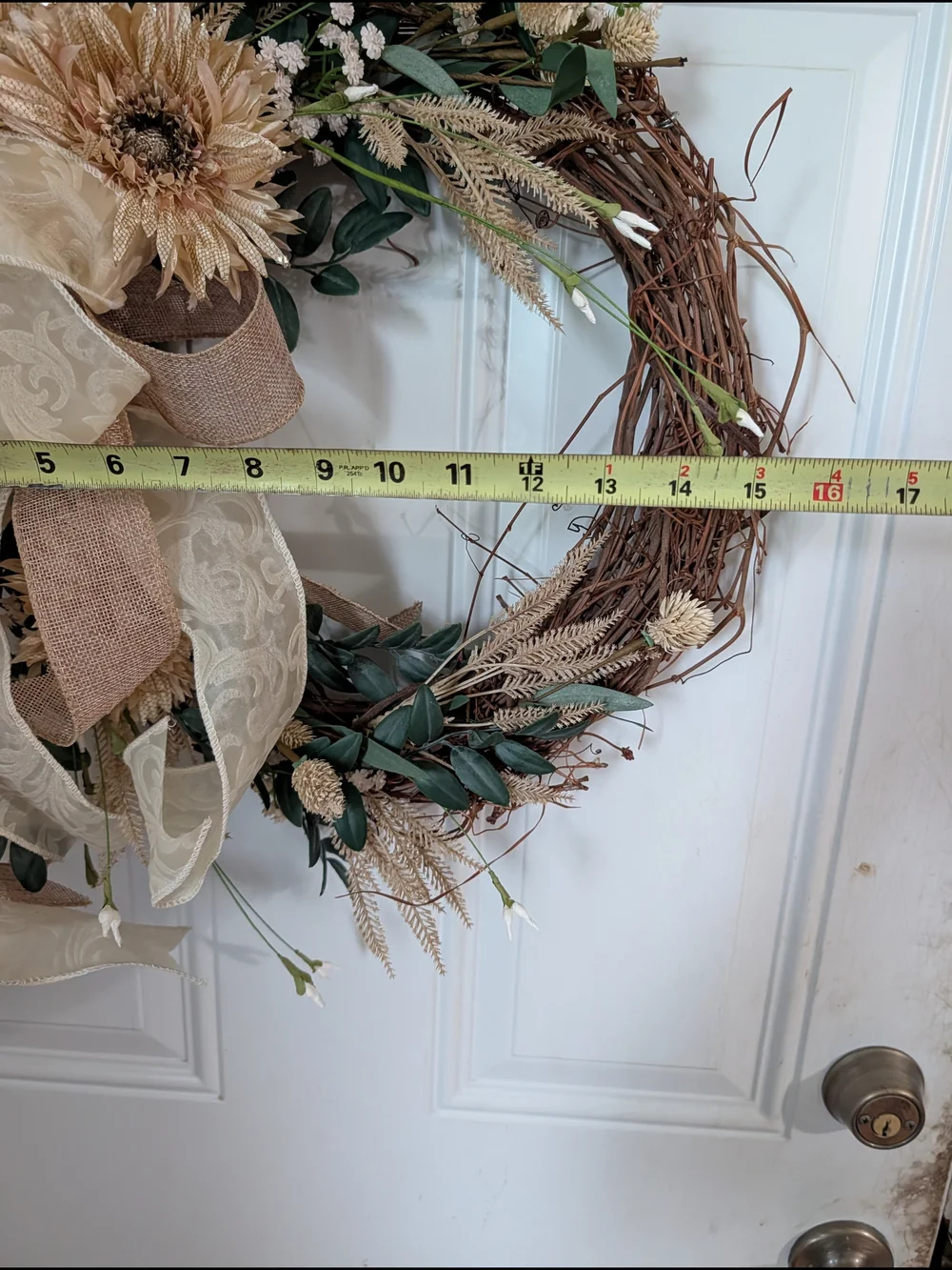 Handmade Fall  Cream & Green Grapevine Wreath with Burlap Bow
