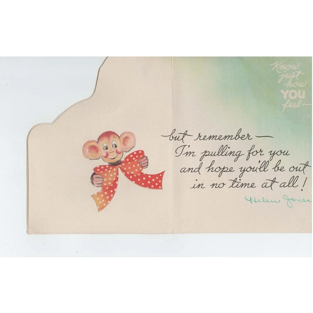 Vintage 1950s Get Well Card Monkey Die Cut Mid Century Used Signed