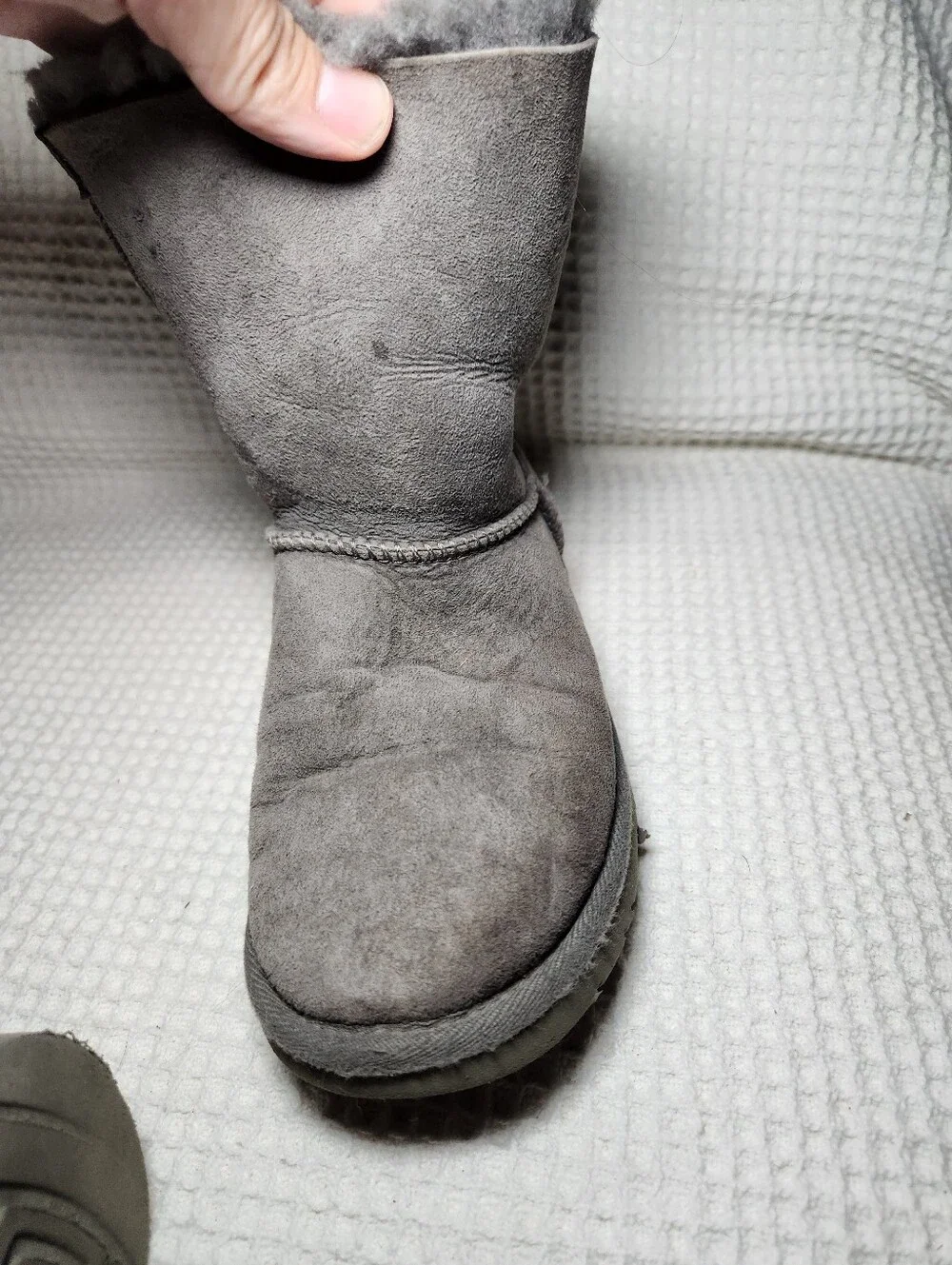 UGG Gray Bow Back Shearling Boots Flawed