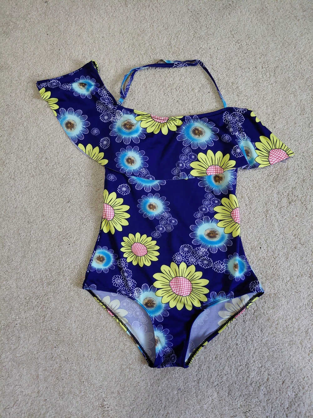 Girls Navy Floral One-Shoulder Swimsuit - Kids Swim
