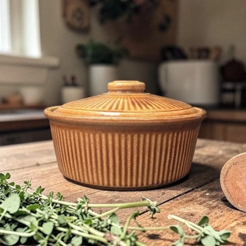 USA‎ Stoneware Lidded Bean Pot, Brown Tan Ribbed Crock, Vtg Rustic Kitchenware
