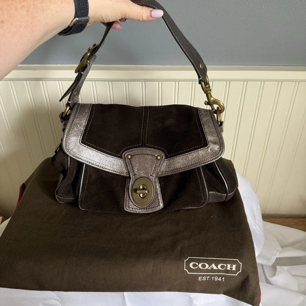 VTG COACH Y2K LEGACY ALI BROWN SUEDE METALLIC FLAP HOBO SHOULDER BAG PURSE