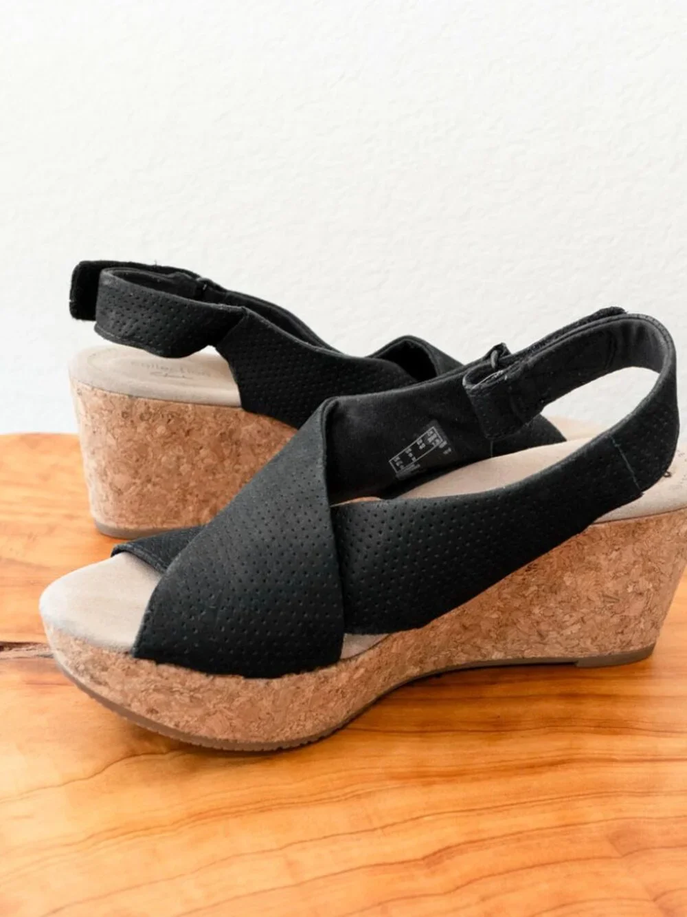 Clarks Annadel Parker Black Open Toe Cork Wedge Sandals Comfort Shoes Sz 9